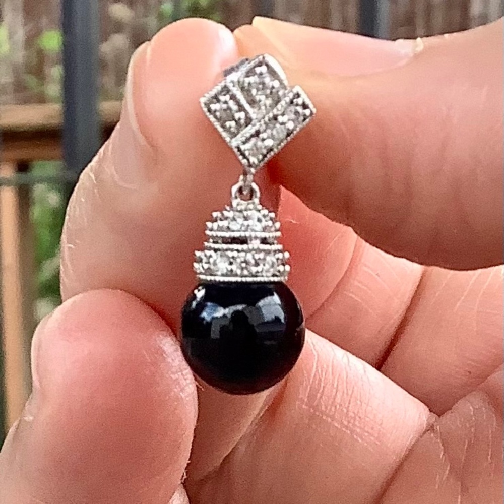 ⚫️ Beautiful 925 Sterling Silver Round Onyx and Cz Dangling Earrings